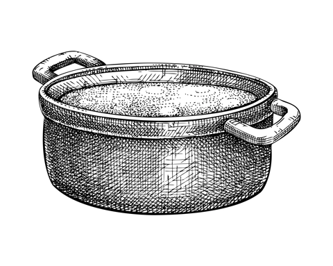 Marrow bone broth in pan sketch. Cooked soup isolated on white background. Hand drawn healthy food illustration for cafe, restaurant, recipes, menu in vintage style.
